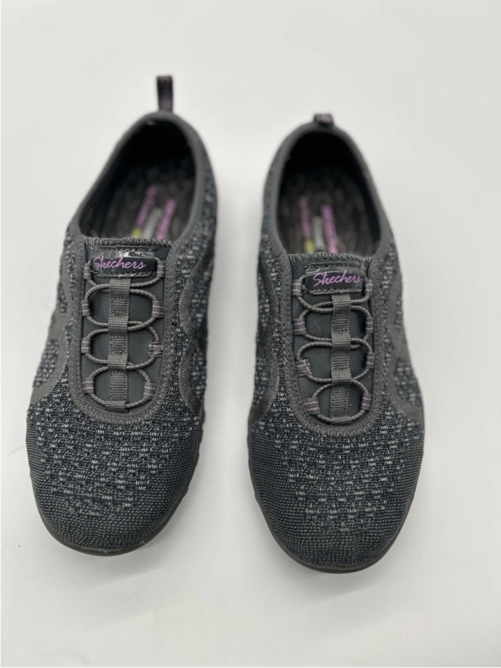 Skechers Women's Slip-On Knit Sneakers in Charcoal with Purple Accent